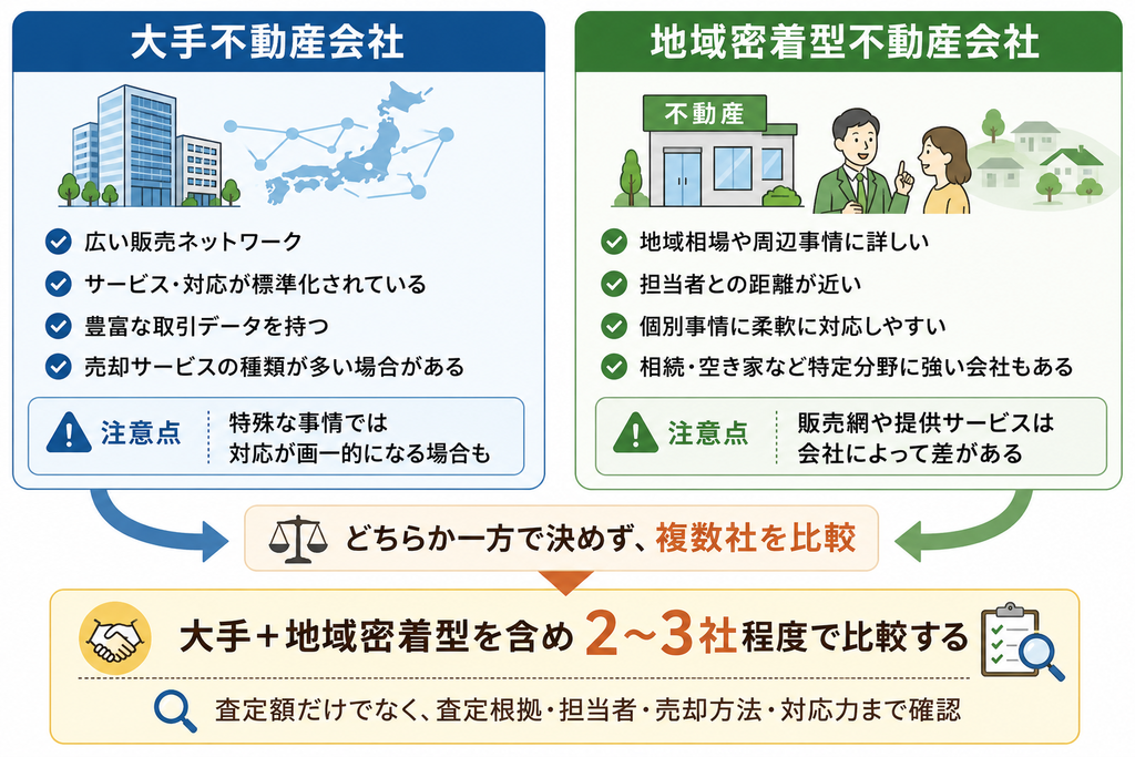 大手不動産会社と地域密着型不動産会社の特徴と注意点を比較し、両方を含めて2〜3社を比較する重要性を示した図解