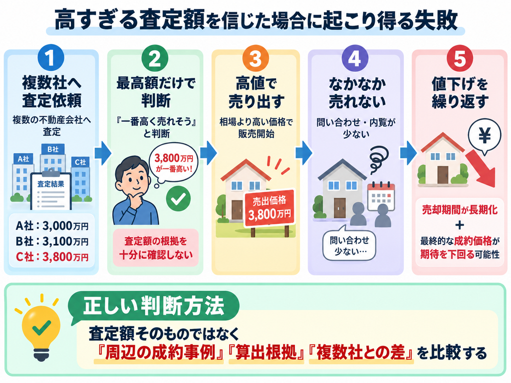 複数社に査定を依頼したあと、高い査定額だけで判断して高値で売り出し、売れ残りや値下げを繰り返して売却期間の長期化や成約価格の低下につながる流れと、査定額ではなく成約事例や算出根拠を比較すべきことを示した図解