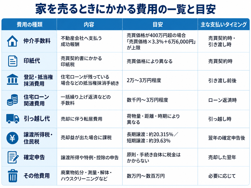 家を売るときにかかる仲介手数料や印紙代、登記費用、税金などの費用一覧と目安