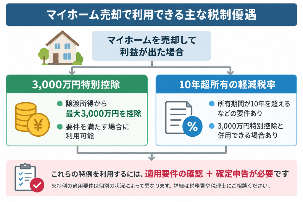 マイホーム売却で利用できる3,000万円特別控除と10年超所有軽減税率の概要 