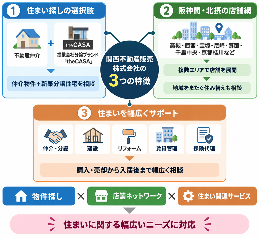 関西不動産販売株式会社の3つの特徴を、「住まい探しの選択肢」「阪神間・北摂の店舗網」「住まいを幅広くサポート」の3項目で整理した図解。
