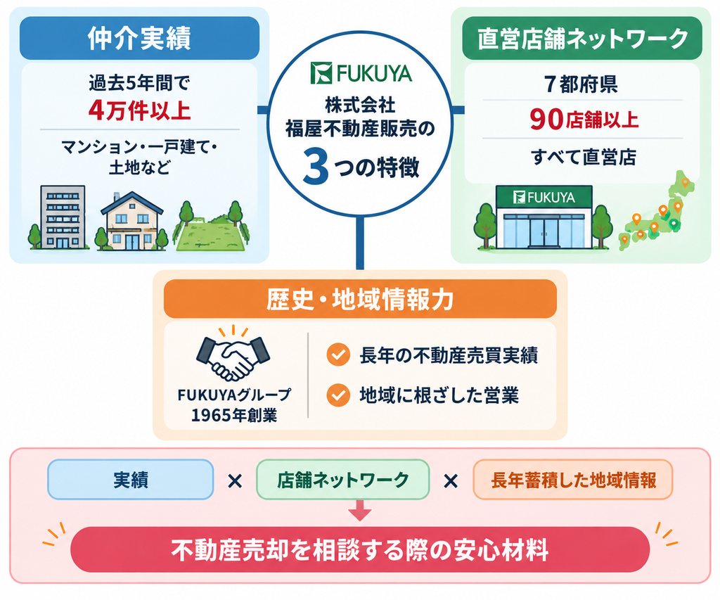 株式会社福屋不動産販売の特徴として、過去5年間で4万件以上の仲介実績、7都府県・90店舗以上の直営店舗ネットワーク、FUKUYAグループの1965年創業以来の不動産売買実績と地域情報力を整理した概念図。 