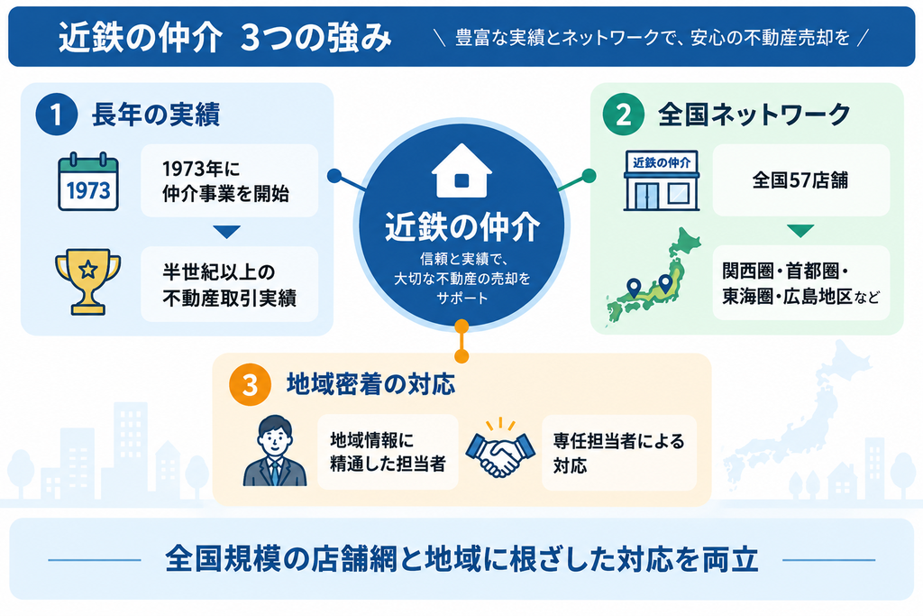 近鉄の仲介が持つ3つの強みとして、1973年の仲介事業開始から半世紀以上の不動産取引実績、全国57店舗のネットワーク、地域情報に精通した専任担当者による地域密着の対応を示した図解