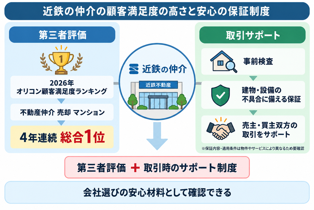 近鉄の仲介の安心材料を、第三者評価と取引サポートの2軸で示した相関図 