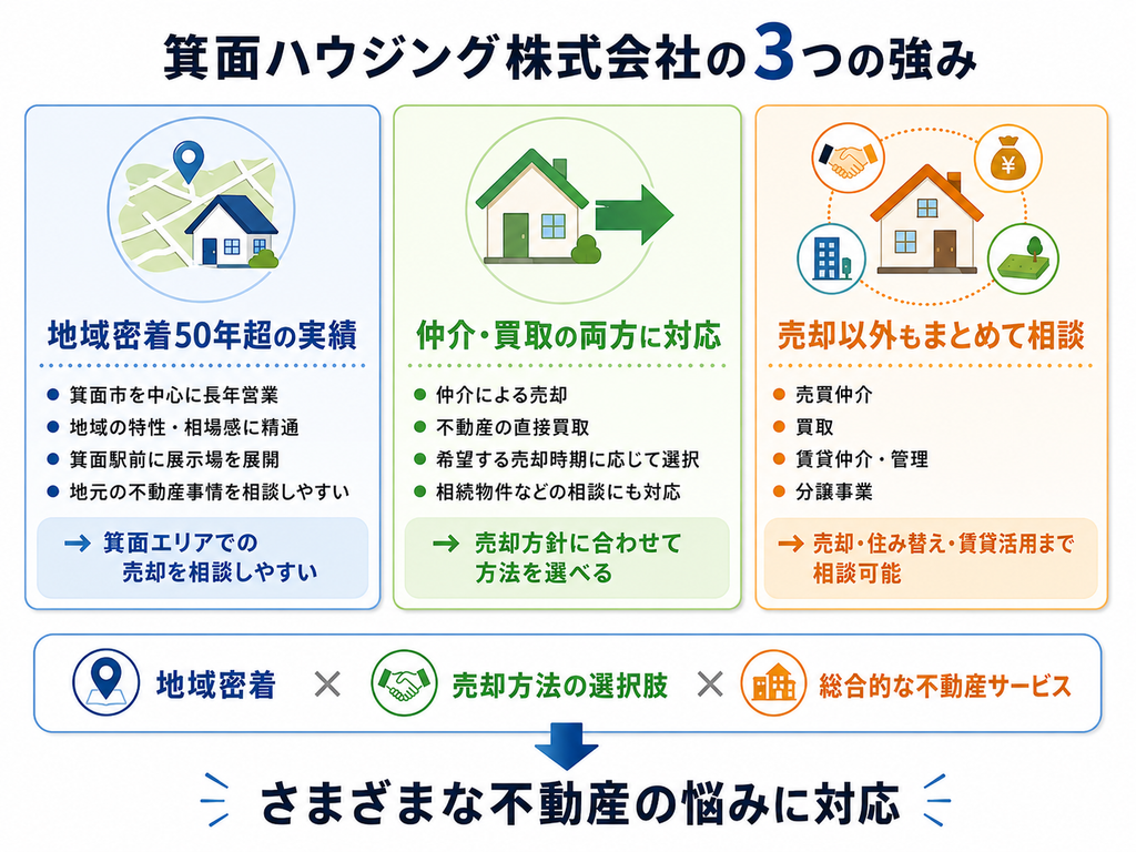 箕面ハウジング株式会社の3つの強みとして、地域密着50年超の実績、仲介・買取の両方への対応、売却以外もまとめて相談できる総合的な不動産サービスを示した図解