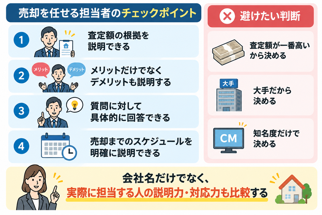 不動産売却を任せる担当者選びのチェックポイントを示した図 