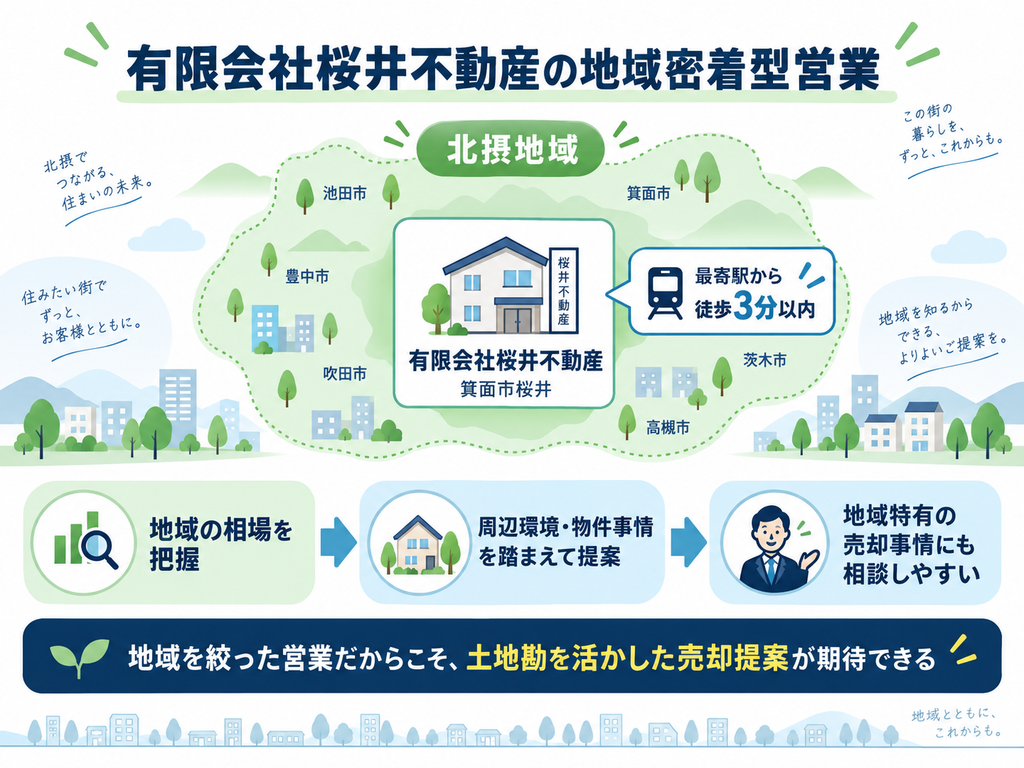 有限会社桜井不動産の地域密着型営業を示す図解。