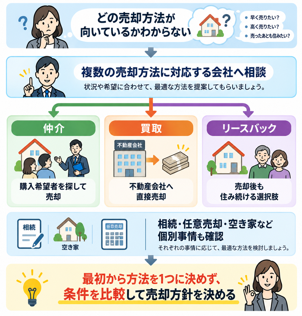 不動産の売却方法に迷っている場合に、複数の売却方法へ対応する会社へ相談し、仲介・買取・リースバックを比較する流れを示した図。