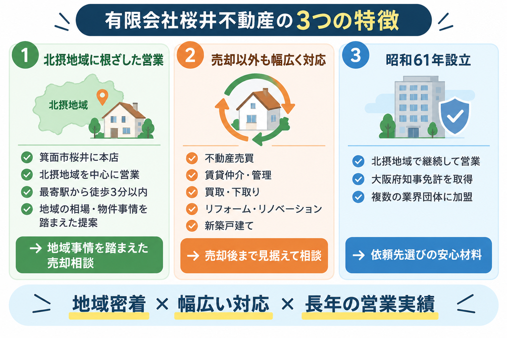 有限会社桜井不動産の3つの特徴を示す図解。