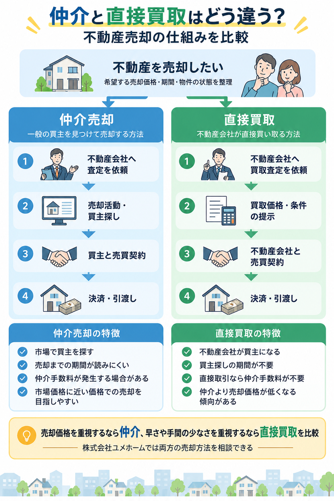 不動産の仲介売却と直接買取について、査定から引渡しまでの流れや費用、売却期間の違いを比較した図