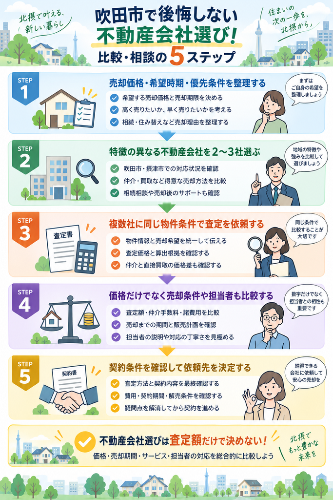 吹田市で不動産会社を選ぶ際の希望条件整理から複数社への査定依頼、提案比較、契約までの5ステップを示した図
