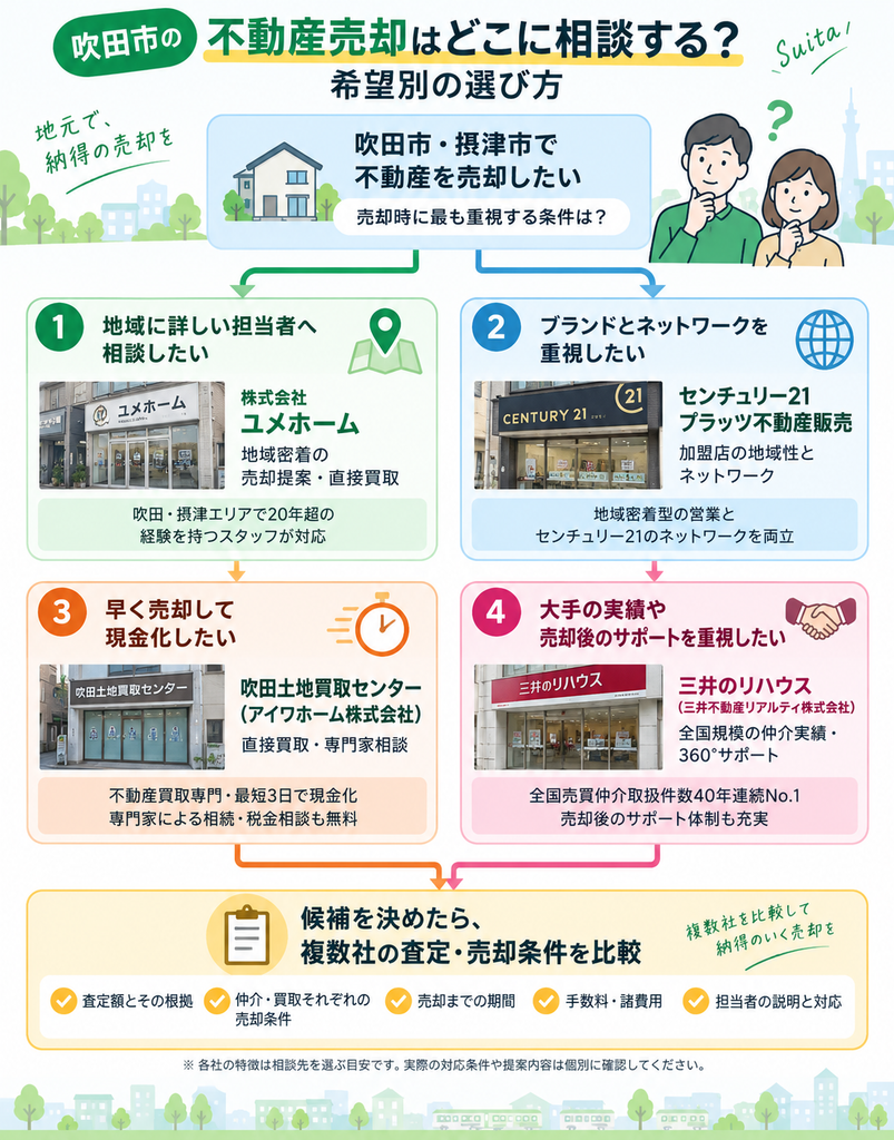 吹田市の不動産売却で重視する条件に応じて、ユメホームなど4社の相談先を選ぶフローチャート