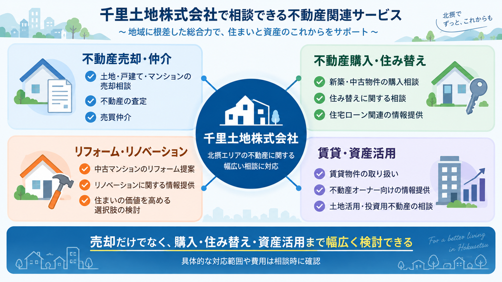 千里土地株式会社の売却・仲介、購入・住み替え、リフォーム、賃貸・資産活用の4つのサービスを示す図解