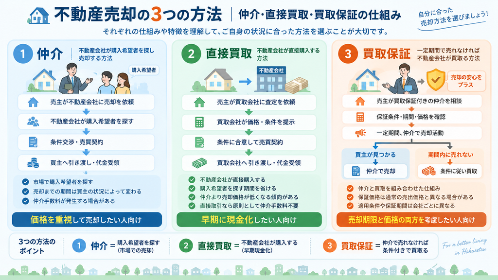 不動産売却の仲介・直接買取・買取保証について、売却までの流れと仕組み、向いている人の違いを比較した図解
