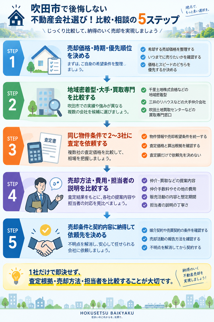 吹田市で不動産会社を選ぶ際の希望条件整理、会社比較、査定依頼、提案内容の比較、契約までの5ステップを示す図解